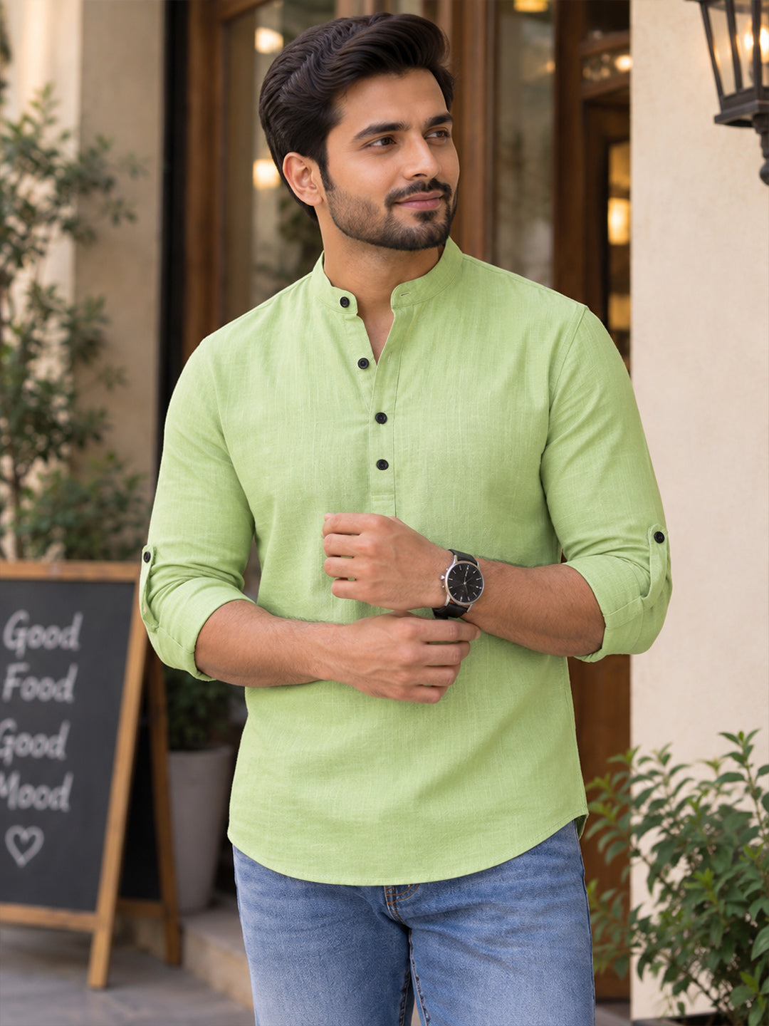 VORA LABEL Men’s Cotton Blend Solid Kurta | Mandarin Collar Full Sleeve Kurta | Casual & Festive Wear