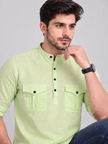 VORA LABEL Men’s Pure Cotton Solid Mandarin Collar Kurta | Full Sleeves with Roll-Up Tab | Casual & Smart Casual Wear