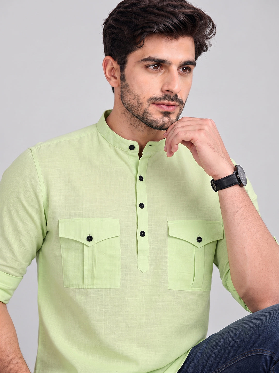 VORA LABEL Men’s Pure Cotton Solid Mandarin Collar Kurta | Full Sleeves with Roll-Up Tab | Casual & Smart Casual Wear