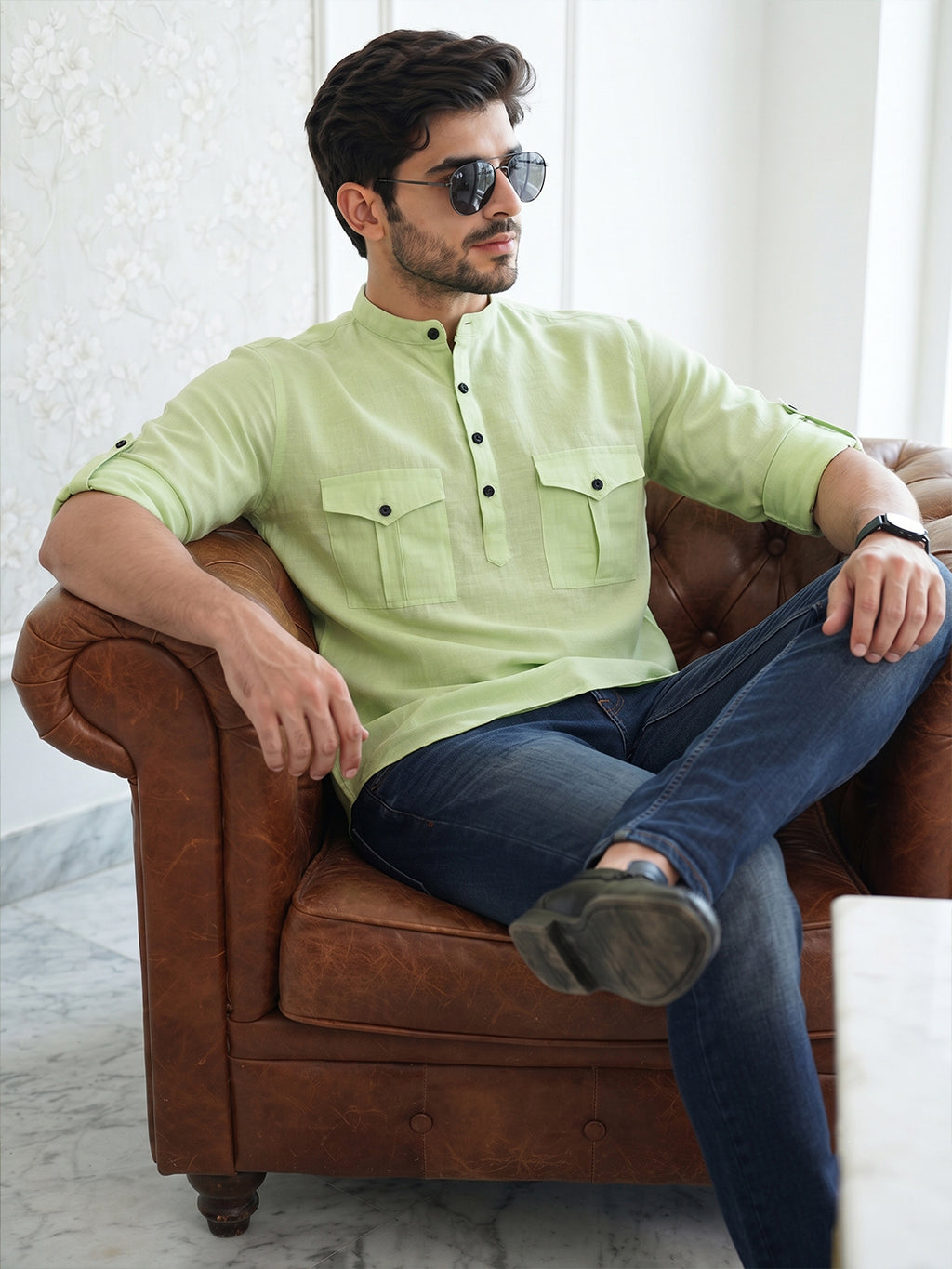 VORA LABEL Men’s Pure Cotton Solid Mandarin Collar Kurta | Full Sleeves with Roll-Up Tab | Casual & Smart Casual Wear