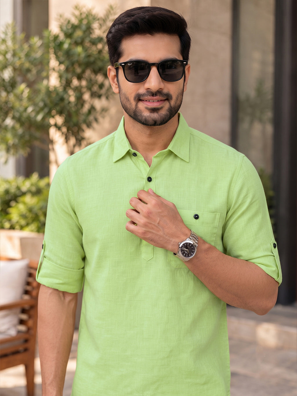 VORA LABEL Men’s Cotton Blend Solid Kurta | Mandarin Collar Full Sleeve Kurta with Pocket | Casual & Festive Wear