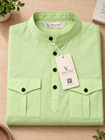 VORA LABEL Men’s Pure Cotton Solid Mandarin Collar Kurta | Full Sleeves with Roll-Up Tab | Casual & Smart Casual Wear