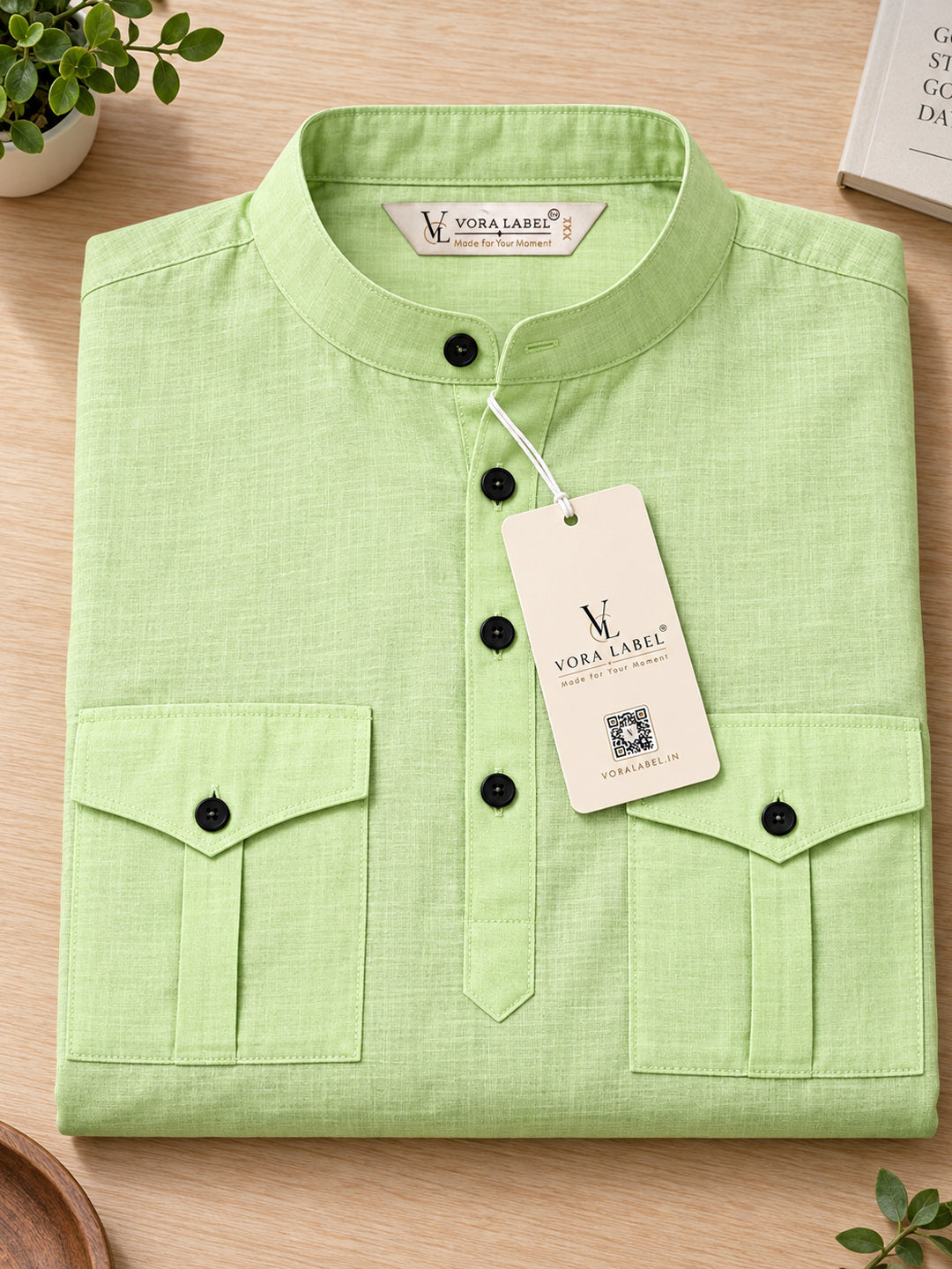 VORA LABEL Men’s Pure Cotton Solid Mandarin Collar Kurta | Full Sleeves with Roll-Up Tab | Casual & Smart Casual Wear