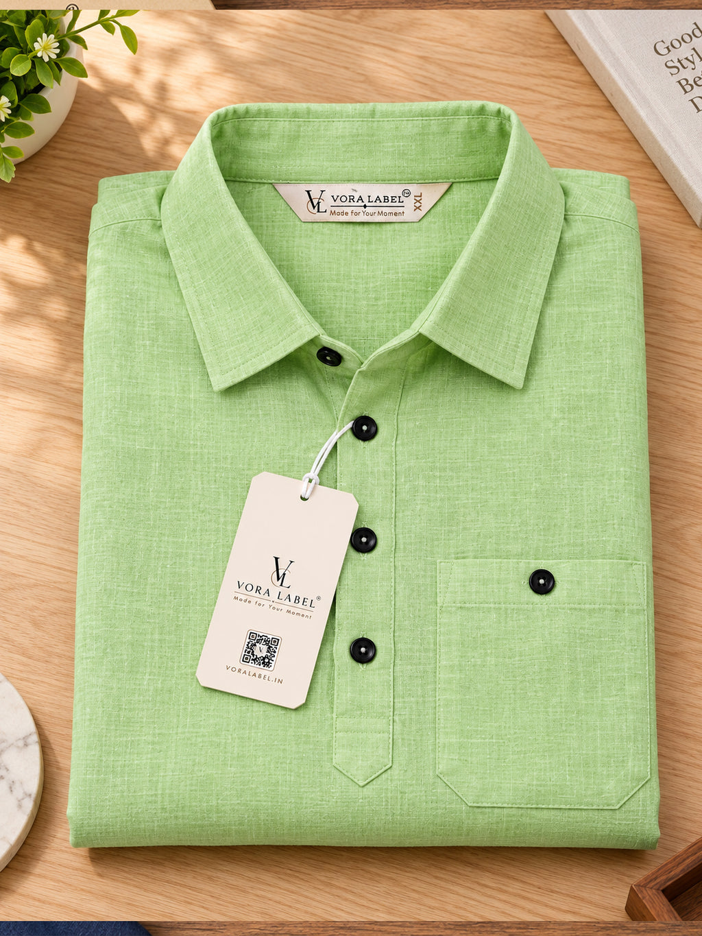 VORA LABEL Men’s Cotton Blend Solid Kurta | Mandarin Collar Full Sleeve Kurta with Pocket | Casual & Festive Wear