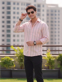 VORA LABEL Men Cotton Striped Regular Fit Casual Shirt - Light Pink