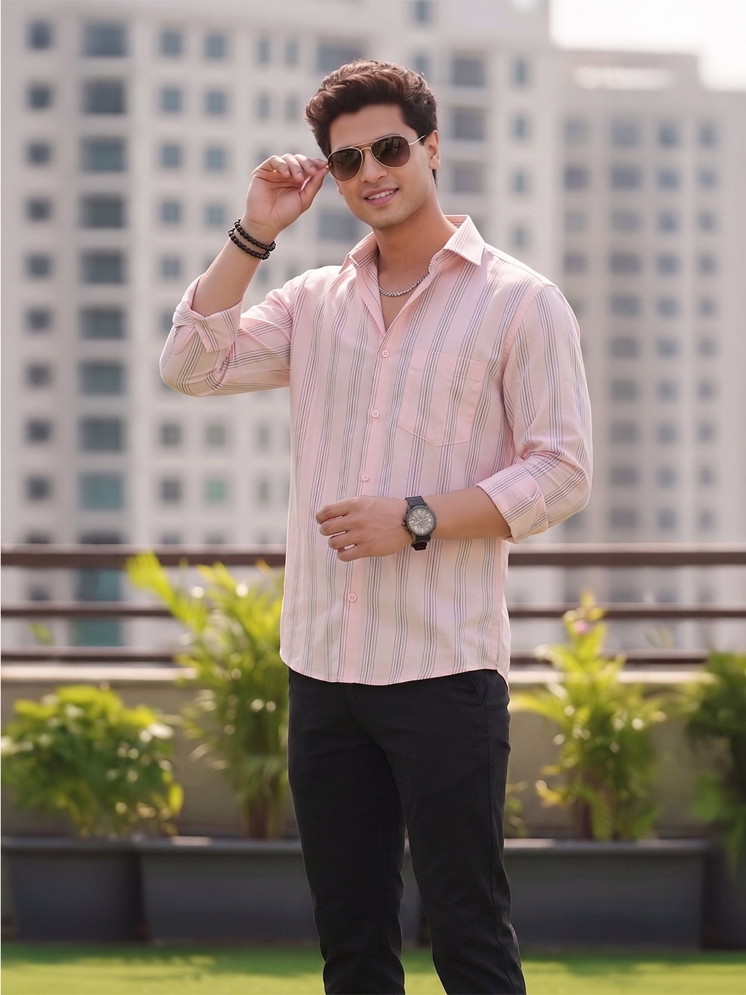 VORA LABEL Men Cotton Striped Regular Fit Casual Shirt - Light Pink