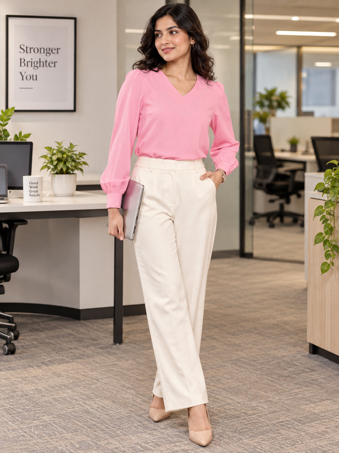 VORA LABEL Women's Premium Peach Crepe V-Neck Top with Full Sleeves | Elegant Formal & Casual Wear Blouse Main image