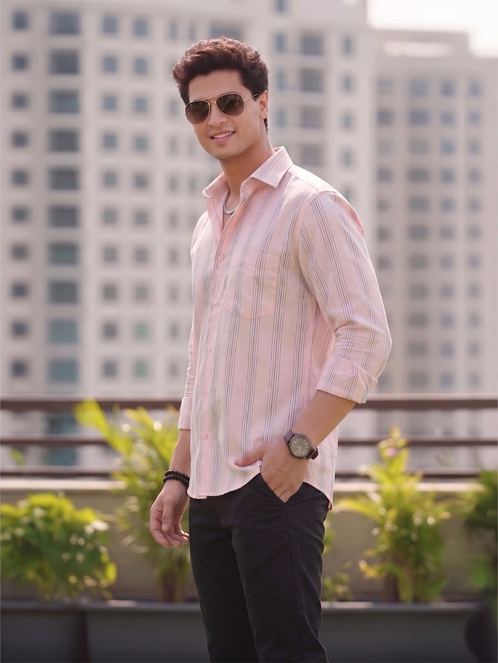 VORA LABEL Men Cotton Striped Regular Fit Casual Shirt - Light Pink