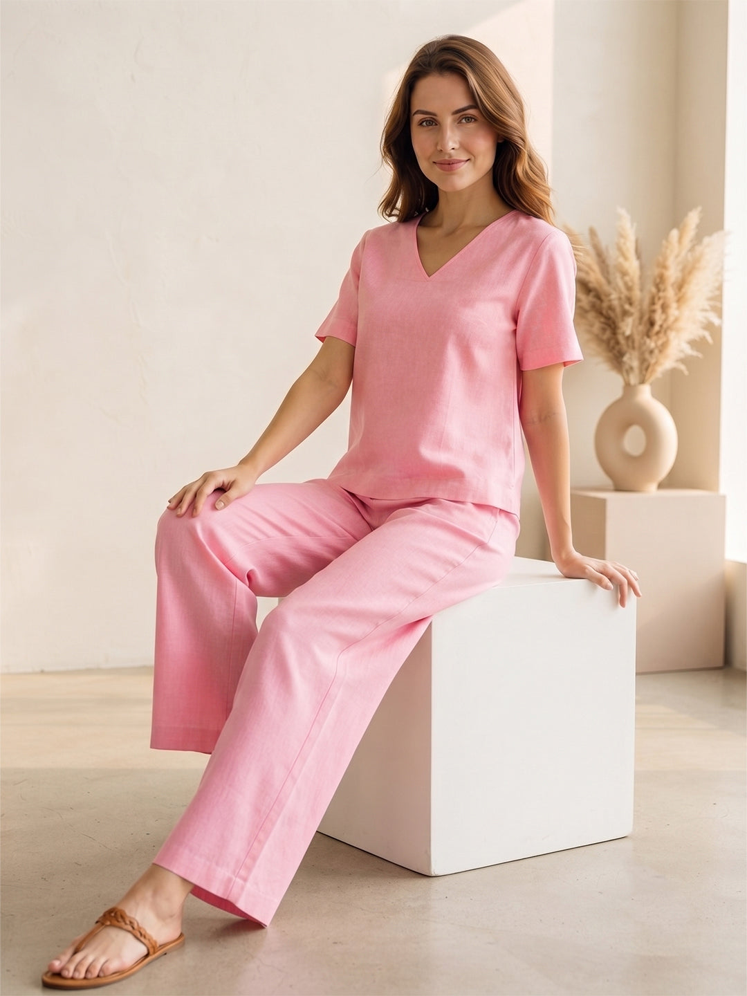 VORA LABEL Women Linen Solid Relaxed Fit Co-ord Set - Pink