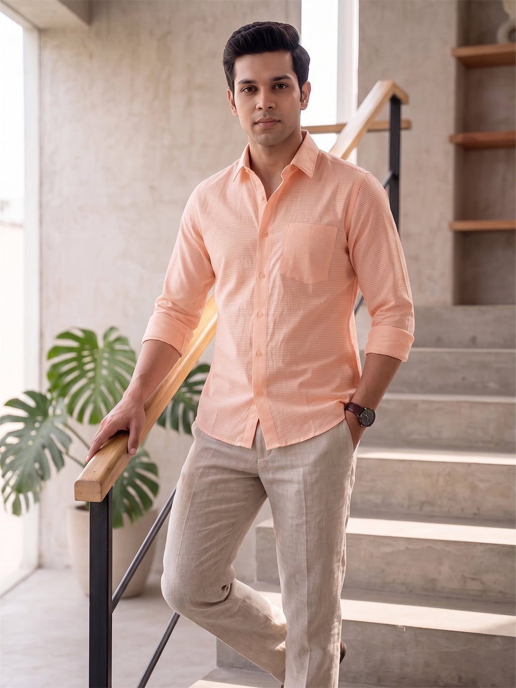 VORA LABEL Men Cotton Solid Regular Fit Casual Shirt - Pink