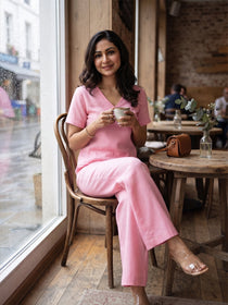 VORA LABEL Women Linen Solid Relaxed Fit Co-ord Set - Pink