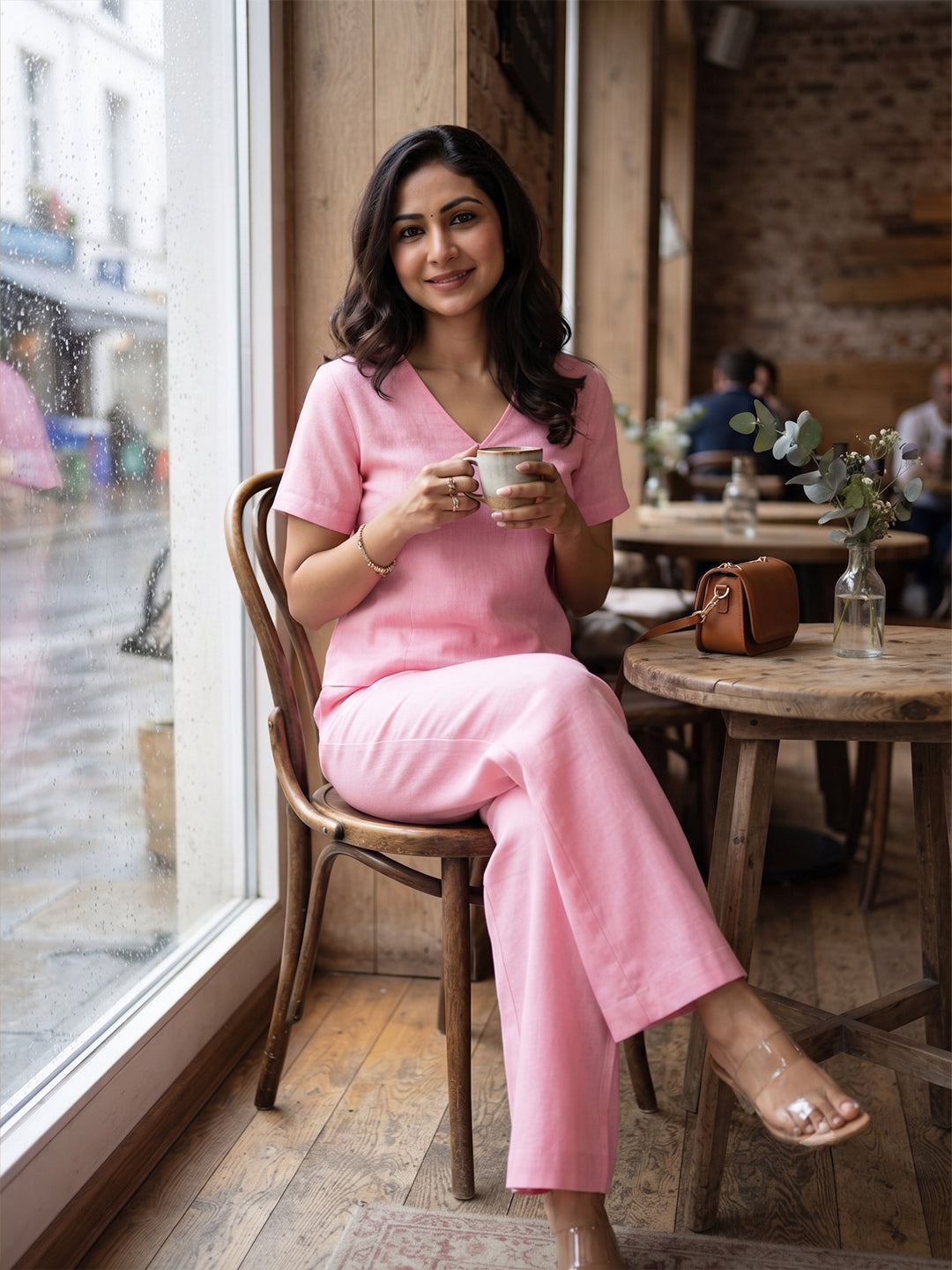 VORA LABEL Women Linen Solid Relaxed Fit Co-ord Set - Pink