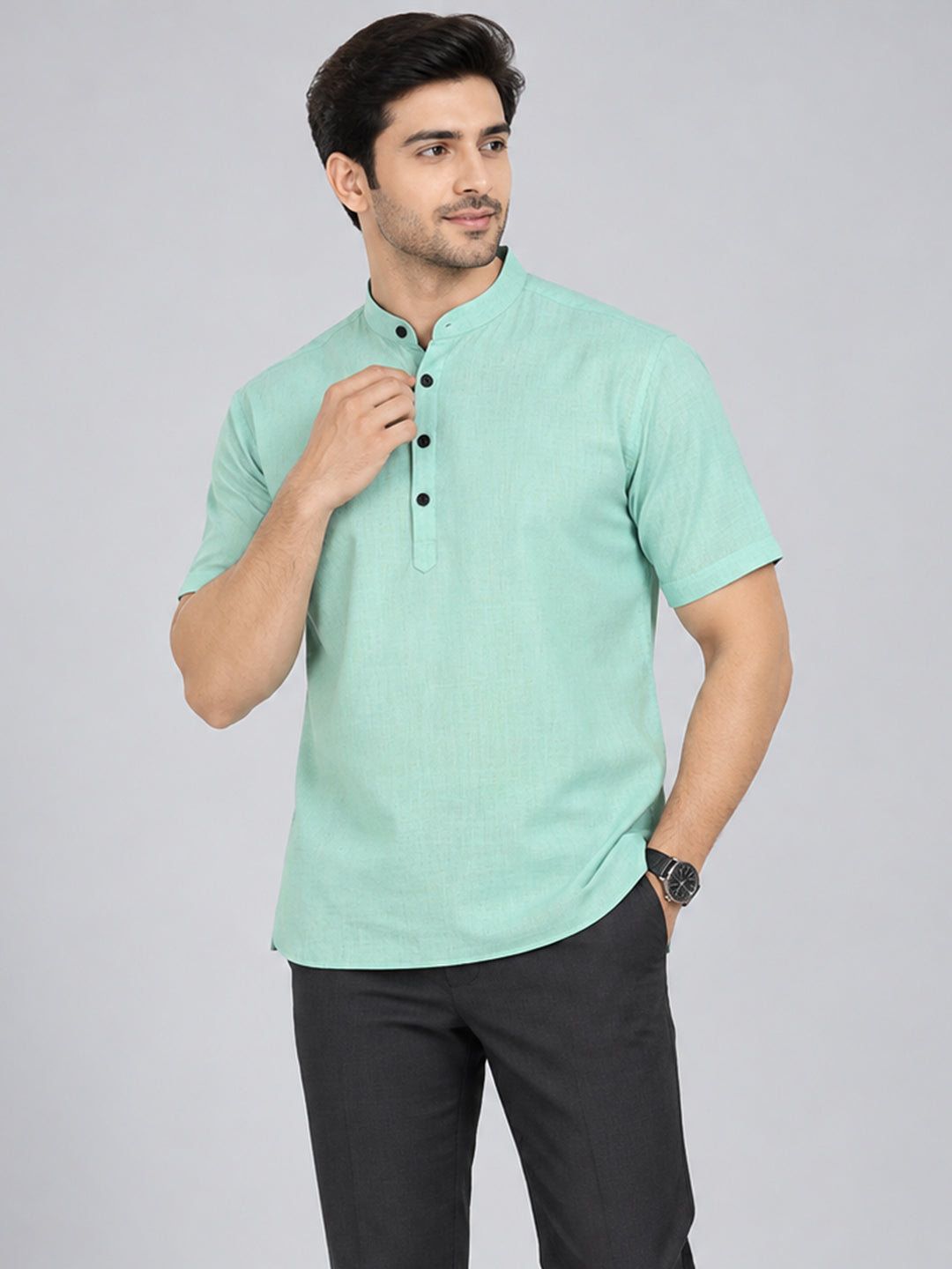 VORA LABEL Men’s Cotton Blend Mandarin Collar Half Kurta | Short Sleeve Solid Casual Wear