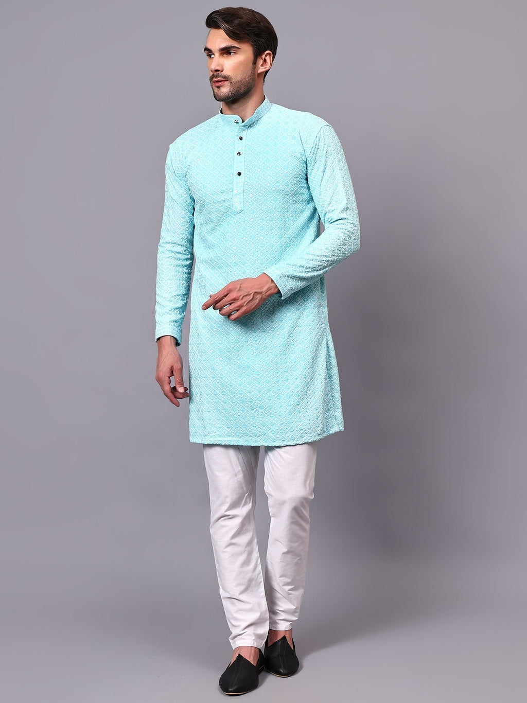 VORA LABEL Men Rayon Schiffli Chikankari Floral Printed Long Kurta Set - Pista