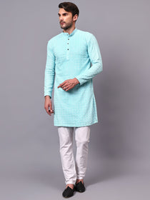 VORA LABEL Men Rayon Schiffli Chikankari Floral Printed Long Kurta Set - Pista