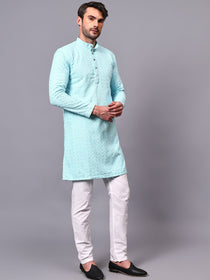 VORA LABEL Men Rayon Schiffli Chikankari Floral Printed Long Kurta Set - Pista