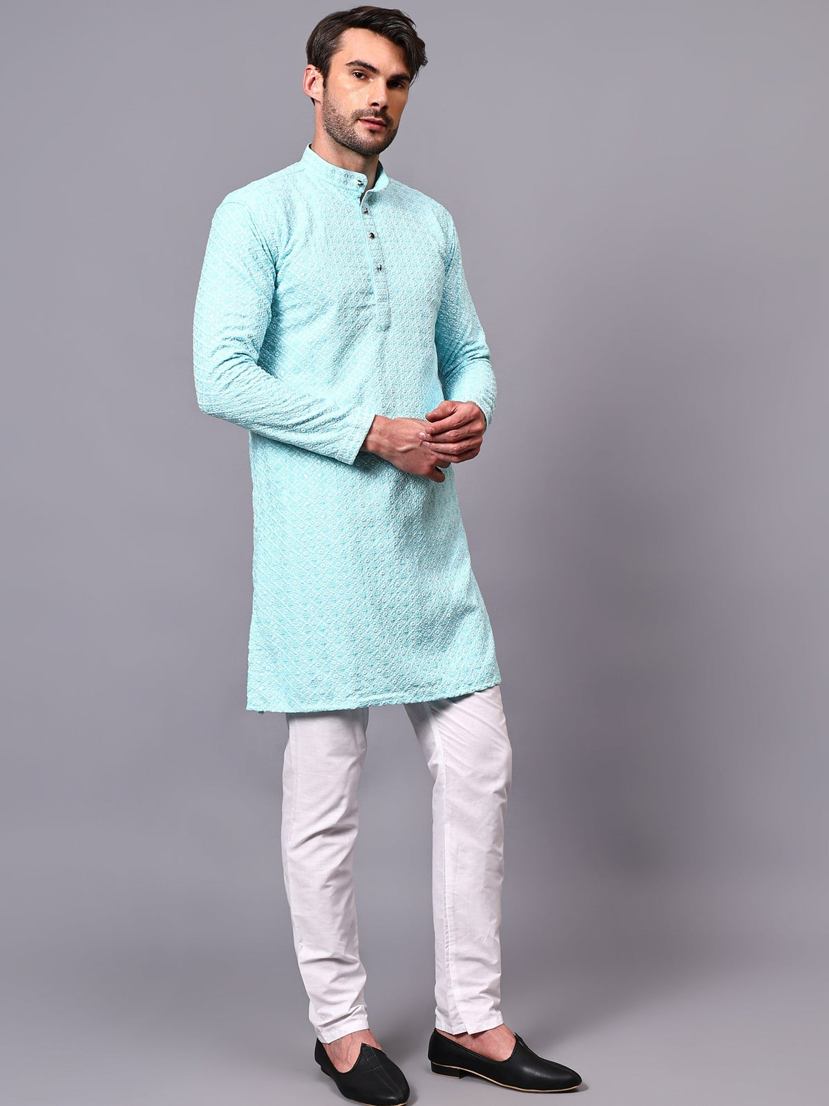 VORA LABEL Men Rayon Schiffli Chikankari Floral Printed Long Kurta Set - Pista