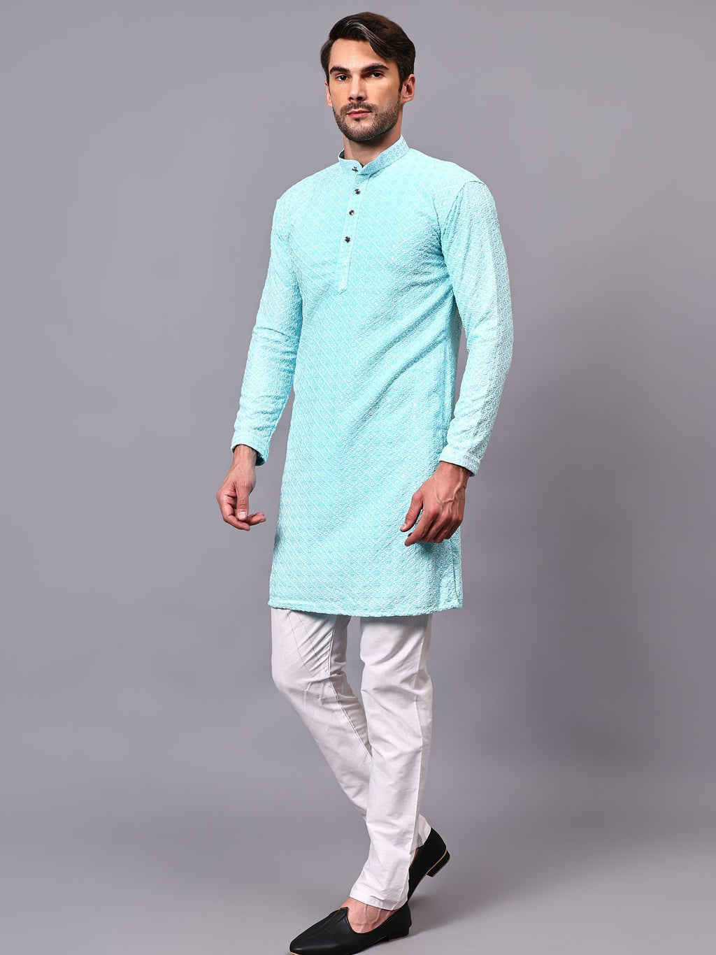VORA LABEL Men Rayon Schiffli Chikankari Floral Printed Long Kurta Set - Pista
