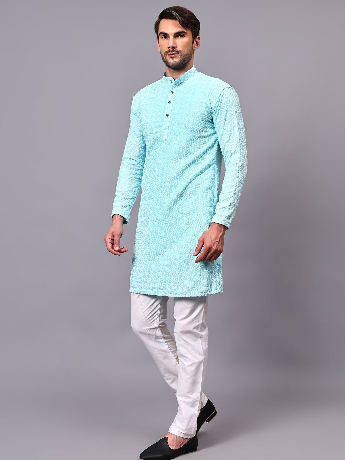 VORA LABEL Men Rayon Schiffli Chikankari Floral Printed Long Kurta Set - Pista