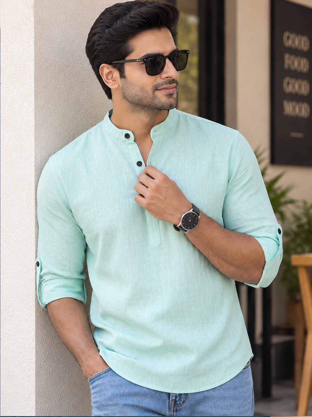 VORA LABEL Men’s Cotton Blend Solid Kurta | Mandarin Collar Full Sleeve Kurta | Casual & Festive Wear