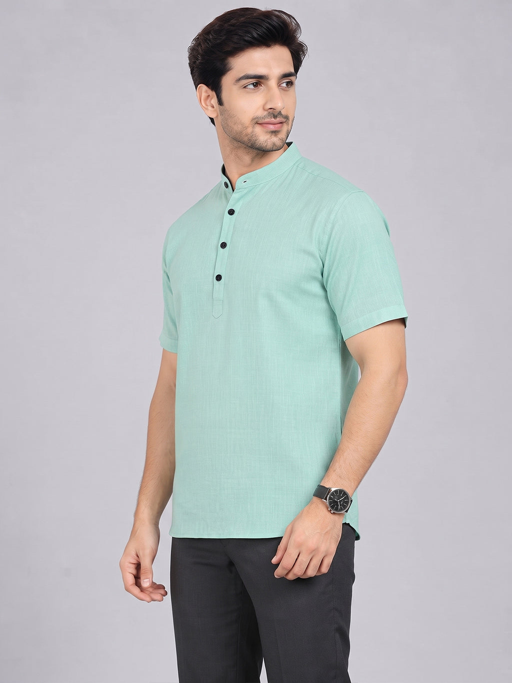 VORA LABEL Men’s Cotton Blend Mandarin Collar Half Kurta | Short Sleeve Solid Casual Wear
