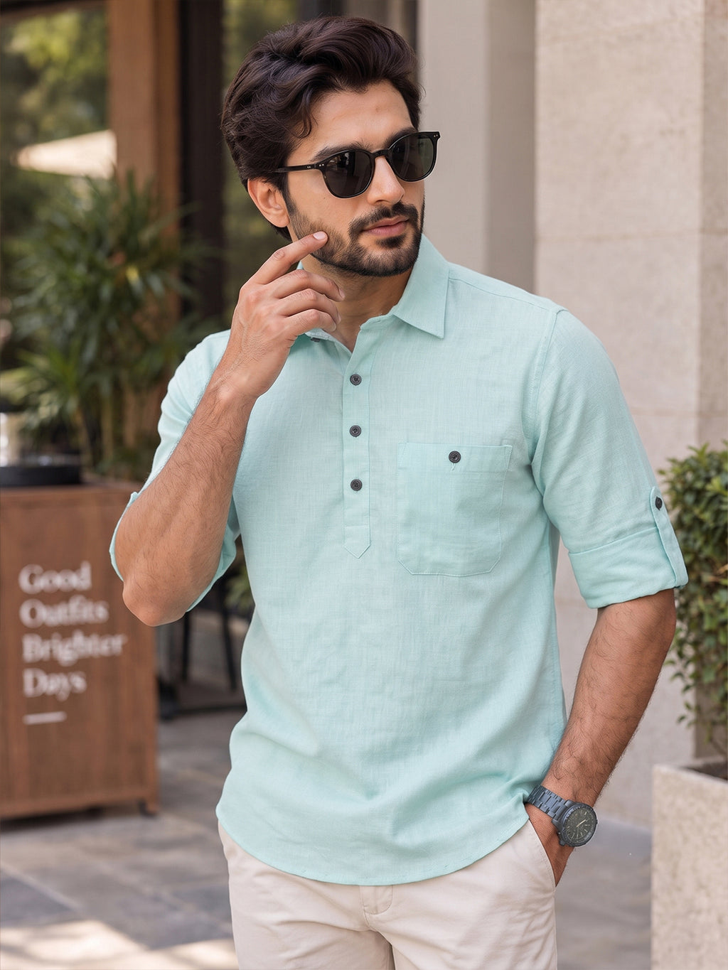VORA LABEL Men’s Cotton Blend Solid Kurta | Mandarin Collar Full Sleeve Kurta with Pocket | Casual & Festive Wear