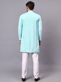 VORA LABEL Men Rayon Schiffli Chikankari Floral Printed Long Kurta Set - Pista