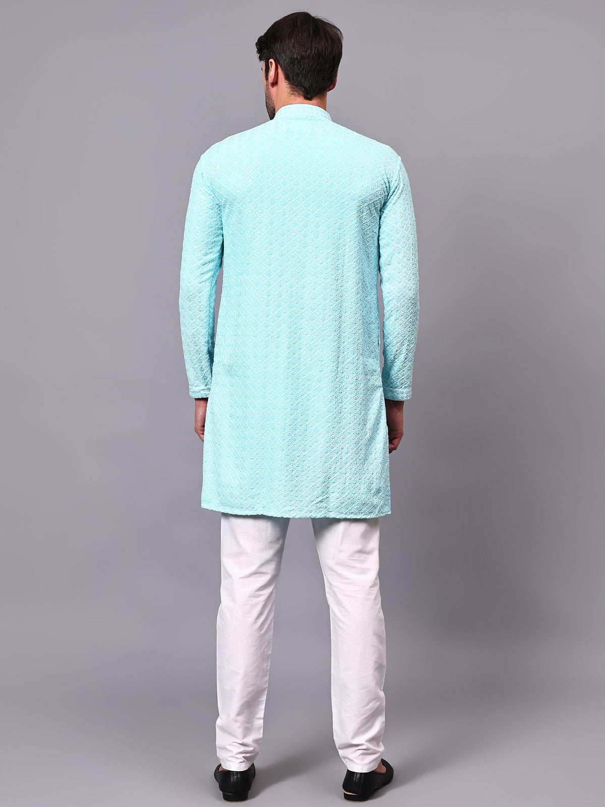 VORA LABEL Men Rayon Schiffli Chikankari Floral Printed Long Kurta Set - Pista