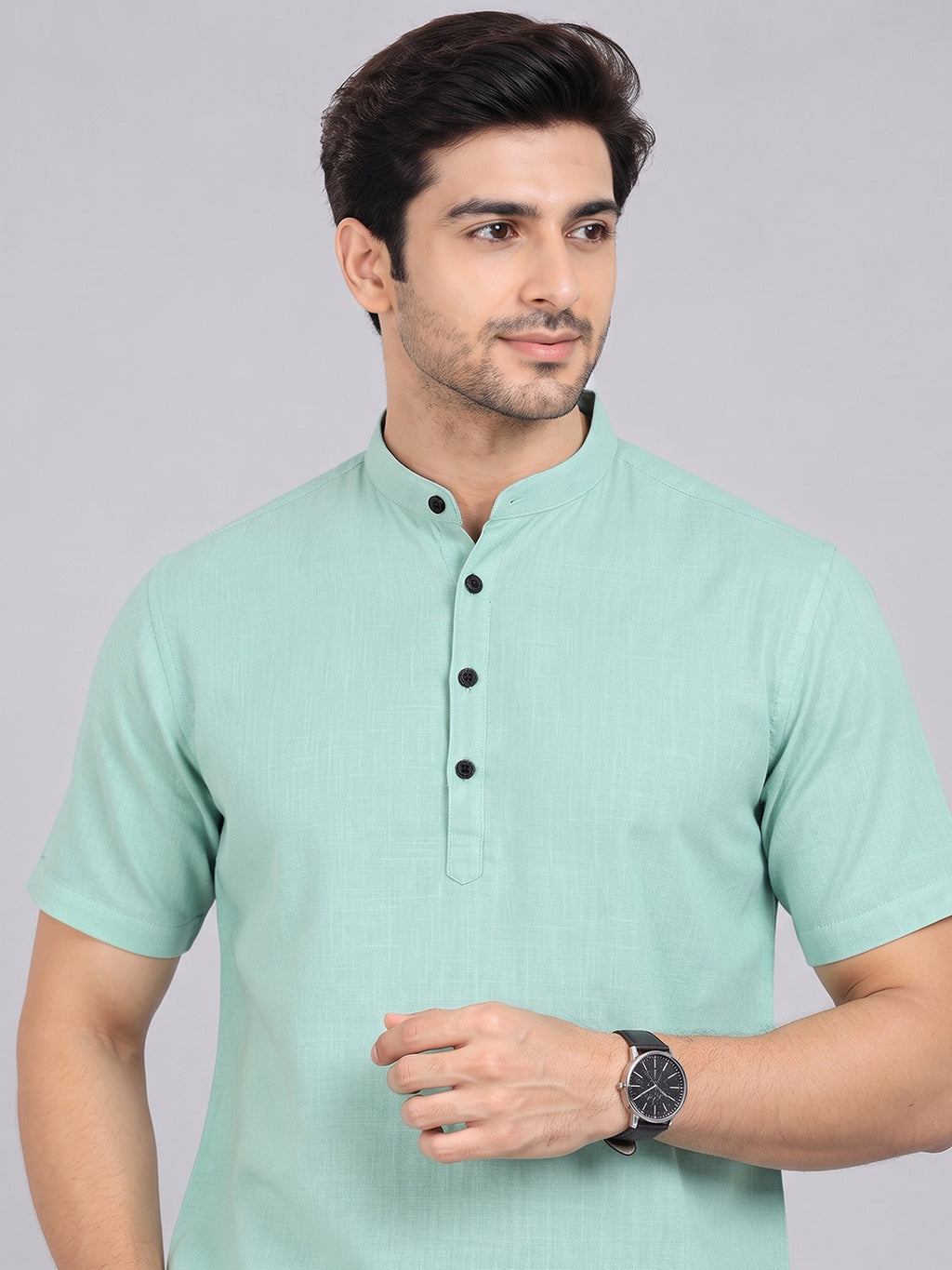 VORA LABEL Men’s Cotton Blend Mandarin Collar Half Kurta | Short Sleeve Solid Casual Wear