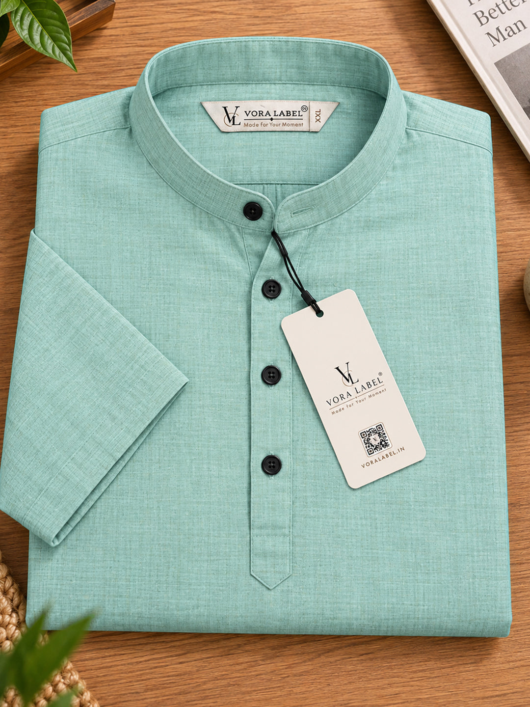 VORA LABEL Men’s Cotton Blend Mandarin Collar Half Kurta | Short Sleeve Solid Casual Wear