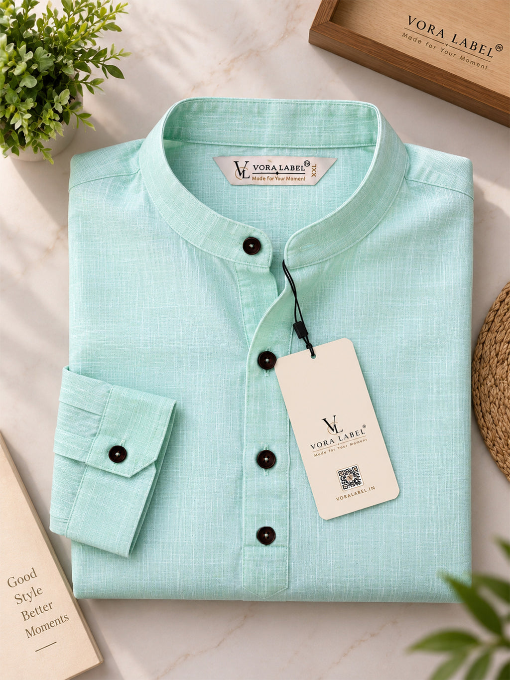 VORA LABEL Men’s Cotton Blend Solid Kurta | Mandarin Collar Full Sleeve Kurta | Casual & Festive Wear