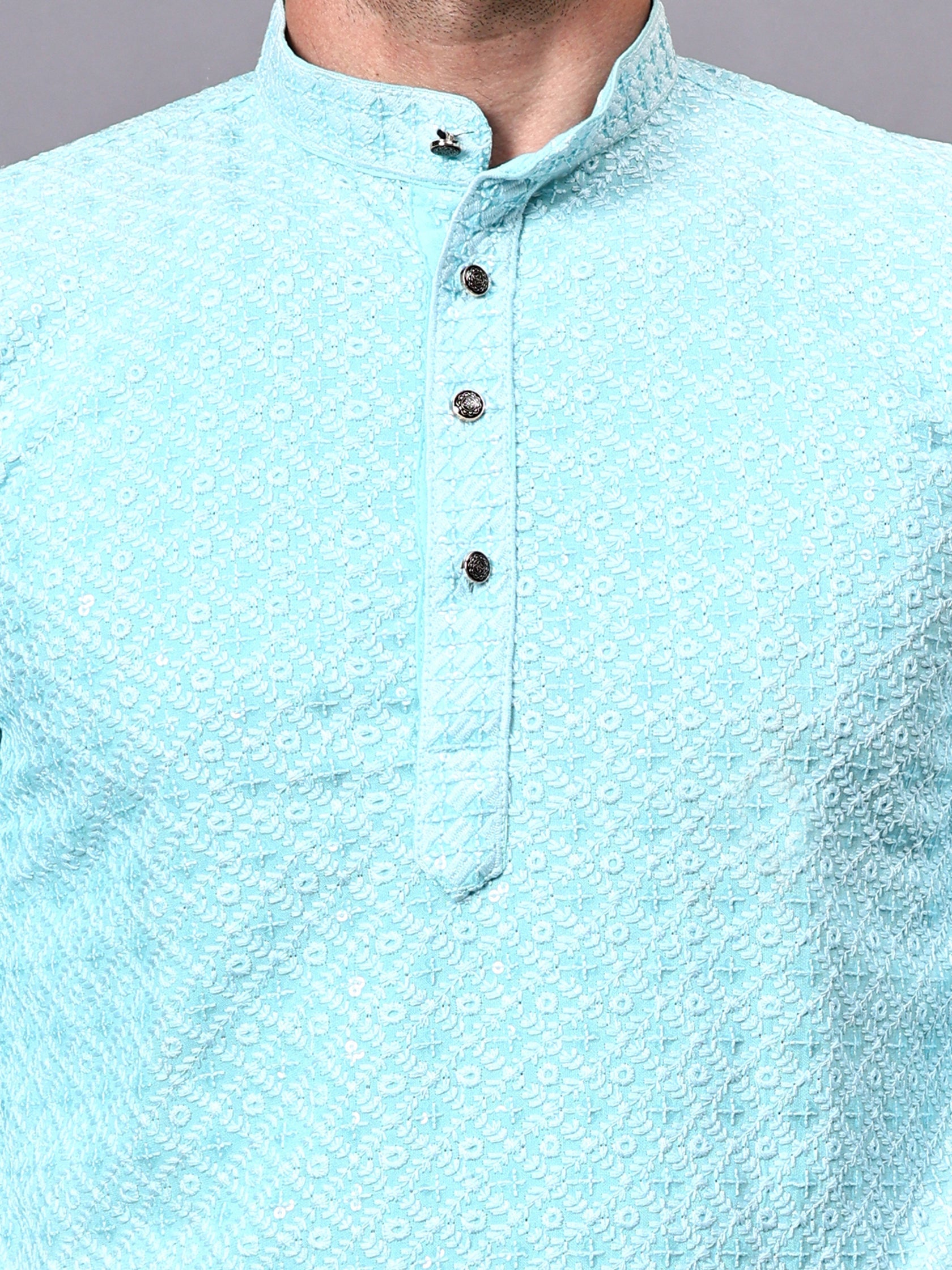 VORA LABEL Men Rayon Schiffli Chikankari Floral Printed Long Kurta Set - Pista Secondary image