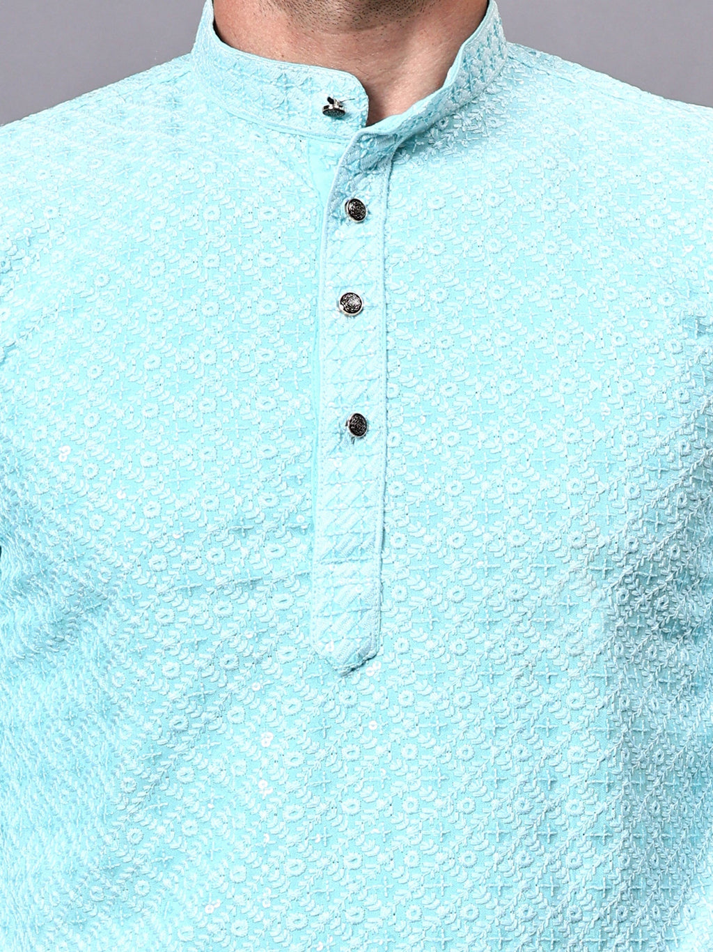 VORA LABEL Men Rayon Schiffli Chikankari Floral Printed Long Kurta Set - Pista