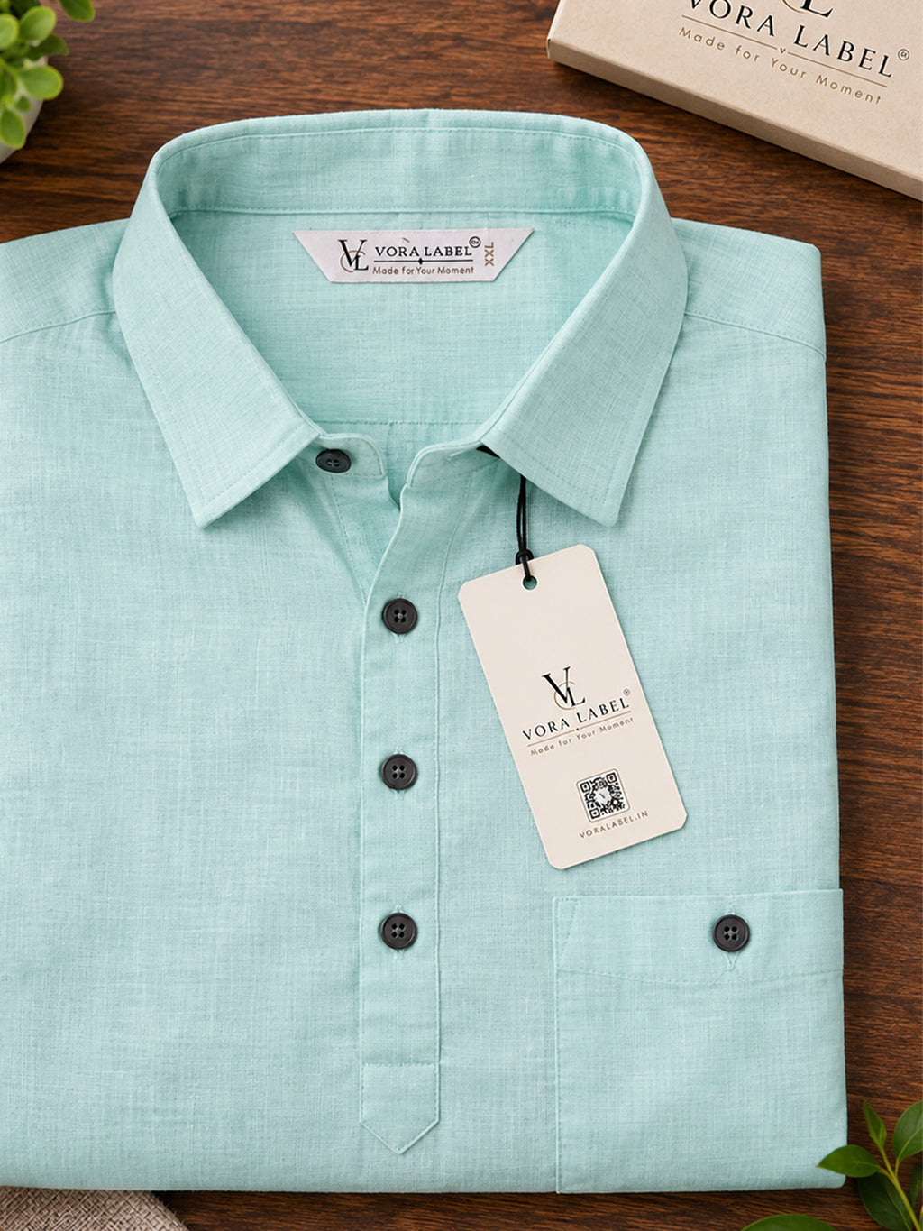VORA LABEL Men’s Cotton Blend Solid Kurta | Mandarin Collar Full Sleeve Kurta with Pocket | Casual & Festive Wear