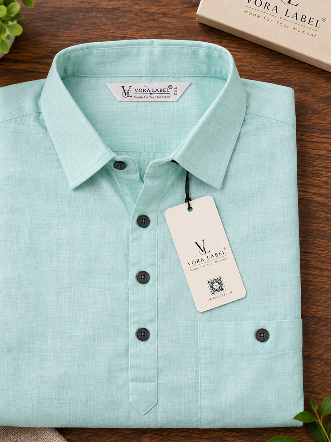VORA LABEL Men’s Cotton Blend Solid Kurta | Mandarin Collar Full Sleeve Kurta with Pocket | Casual & Festive Wear