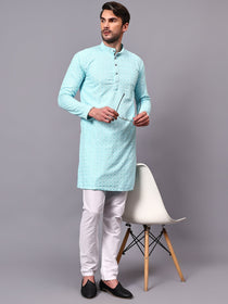 VORA LABEL Men Rayon Schiffli Chikankari Floral Printed Long Kurta Set - Pista