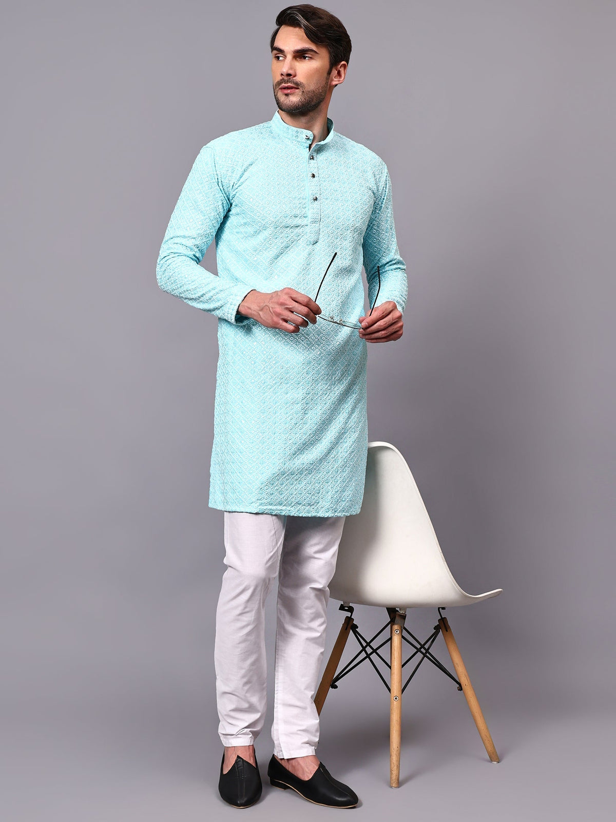 VORA LABEL Men Rayon Schiffli Chikankari Floral Printed Long Kurta Set - Pista