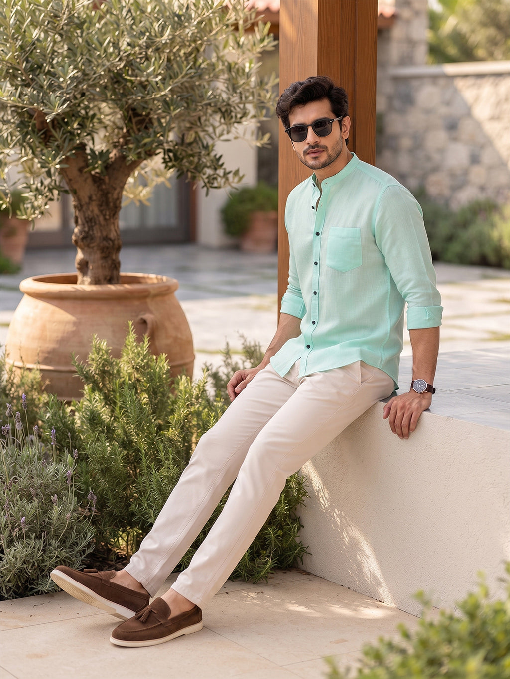 VORA LABEL Men’s Cotton Blend Mandarin Collar Shirt | Full Sleeve Solid Casual & Smart Wear