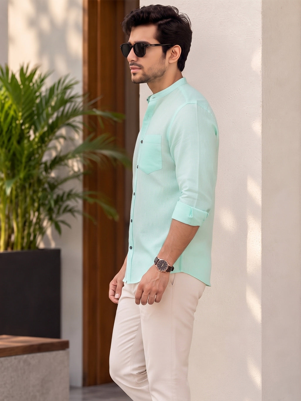VORA LABEL Men’s Cotton Blend Mandarin Collar Shirt | Full Sleeve Solid Casual & Smart Wear