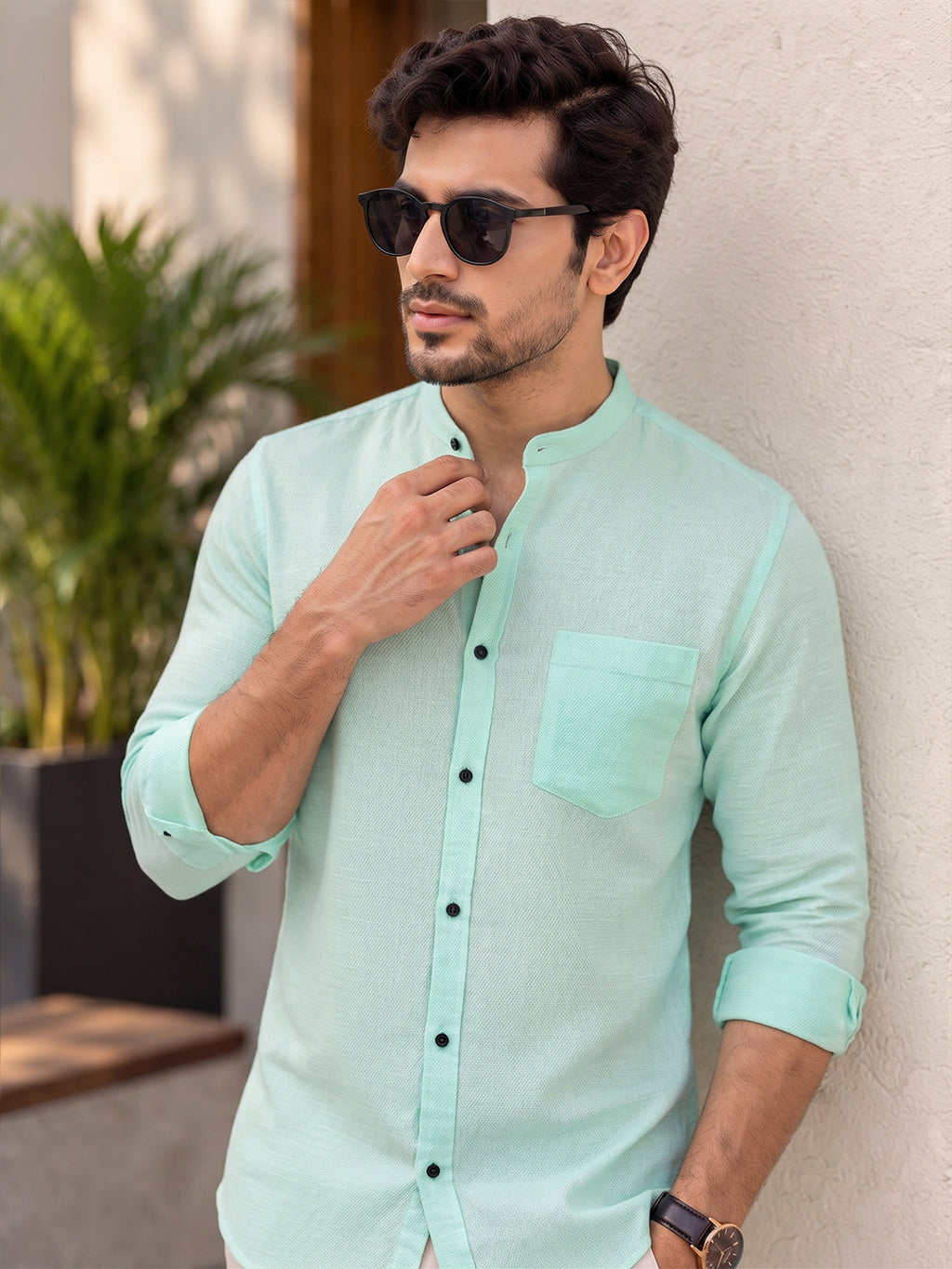 VORA LABEL Men’s Cotton Blend Mandarin Collar Shirt | Full Sleeve Solid Casual & Smart Wear
