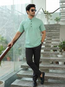 VORA LABEL Men’s Cotton Blend Mandarin Collar Half Kurta | Short Sleeve Solid Casual Wear
