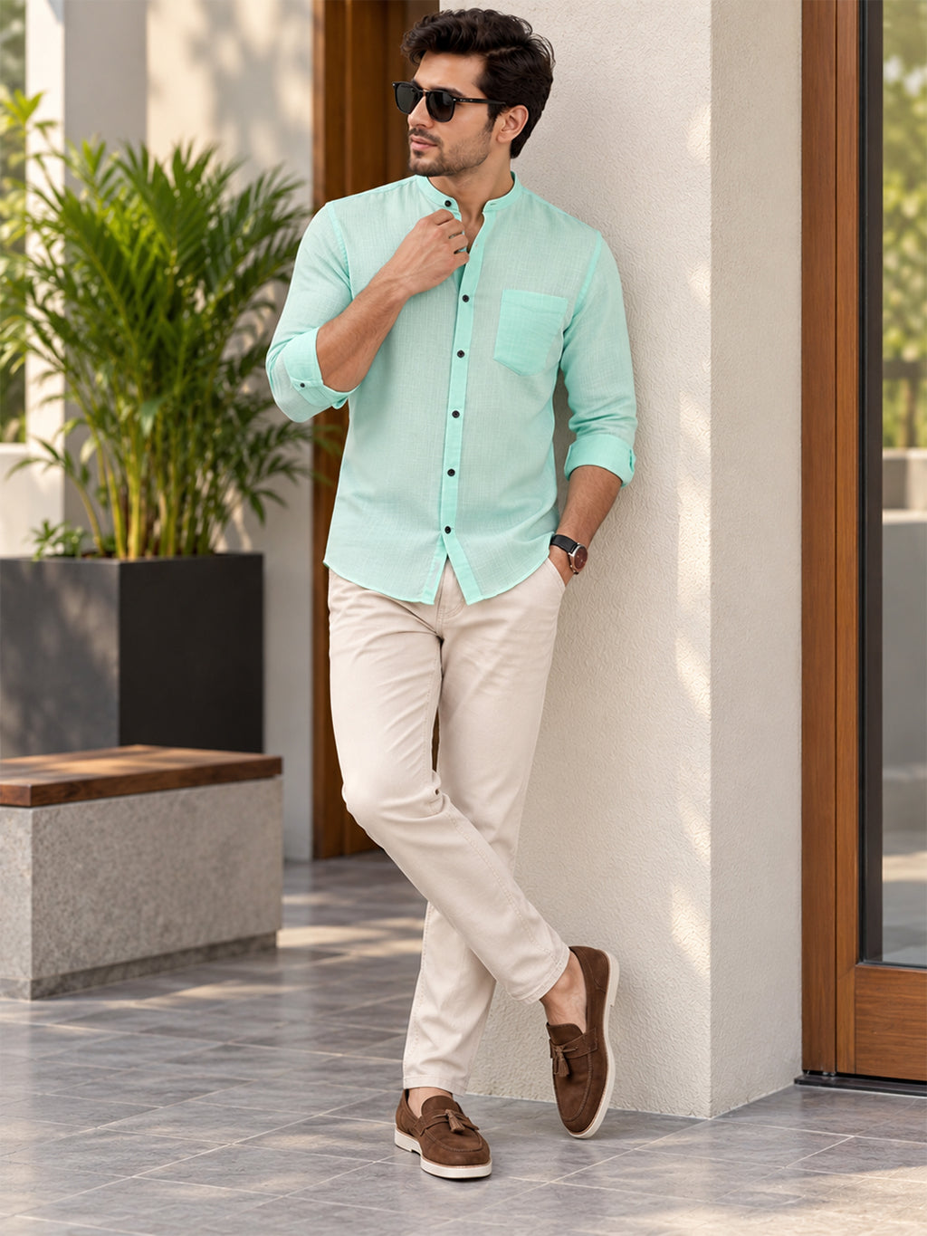 VORA LABEL Men’s Cotton Blend Mandarin Collar Shirt | Full Sleeve Solid Casual & Smart Wear