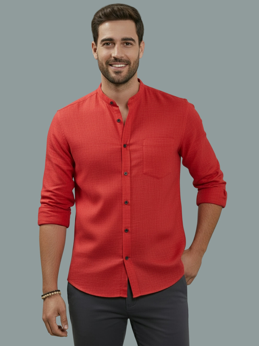 VORA LABEL Men Cotton Regular Fit Mandarin Collar Casual Shirt - Pink