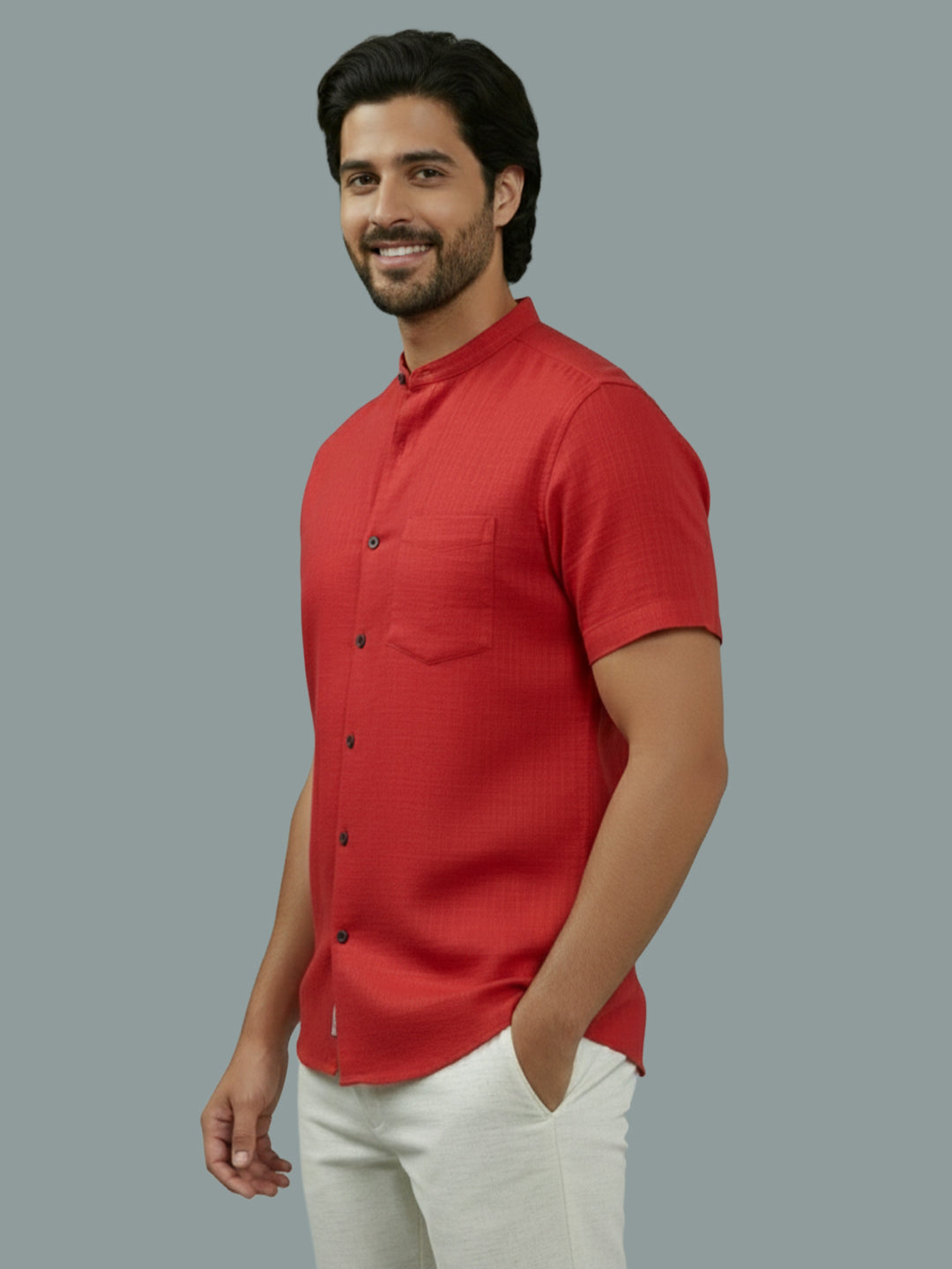 VORA LABEL Men Cotton Regular Fit Mandarin Collar Casual Shirt - White