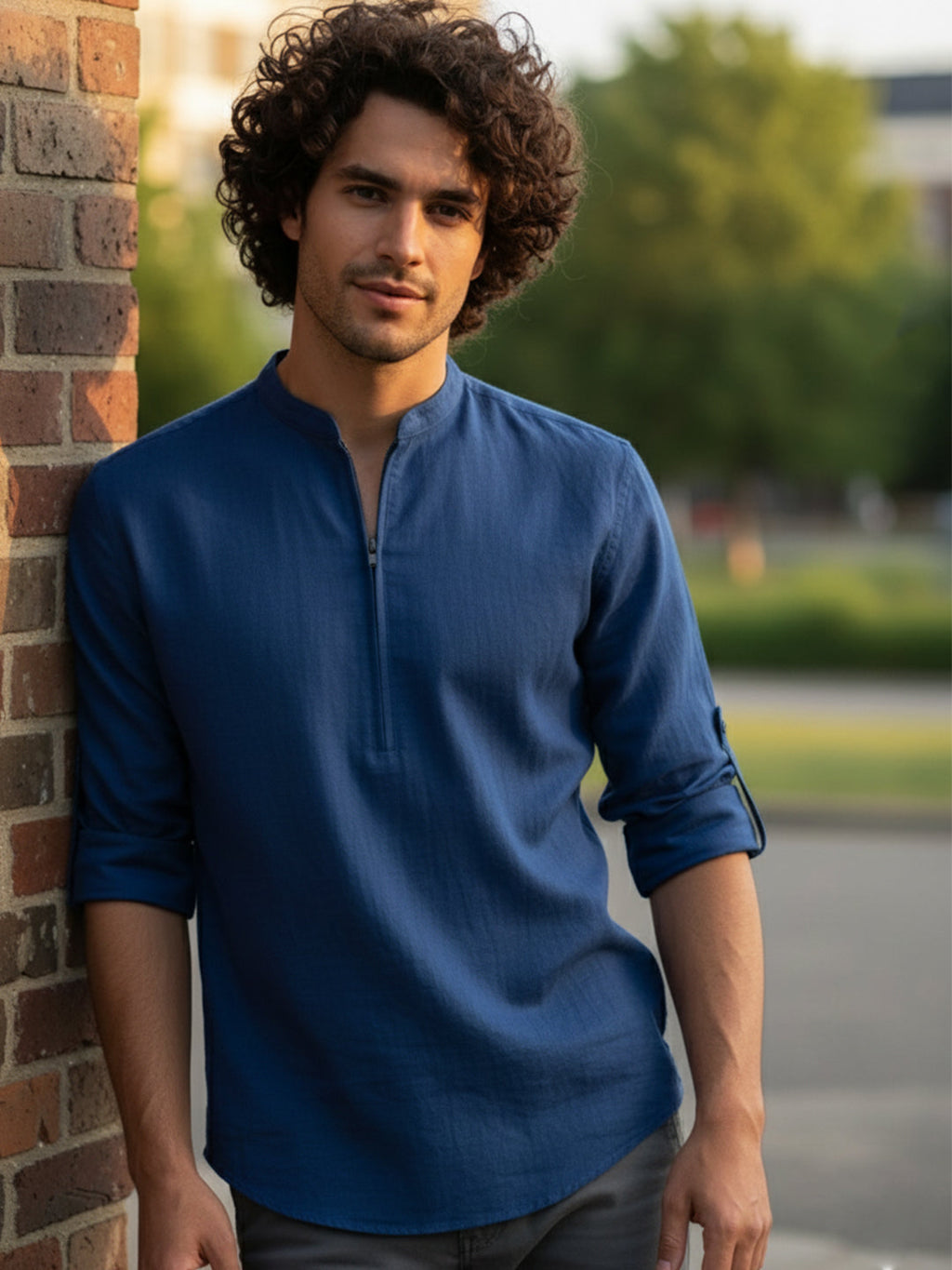 VORA LABEL Men Cotton Blend Striped Solid Short Kurta - Beige
