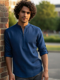 VORA LABEL Men Cotton Blend Striped Solid Short Kurta - Beige