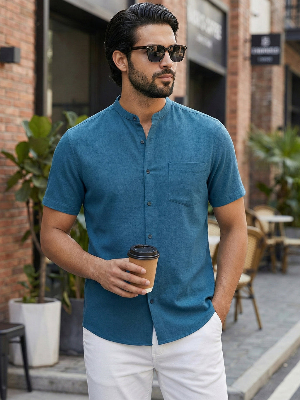 VORA LABEL Men Cotton Regular Fit Mandarin Collar Casual Shirt - White
