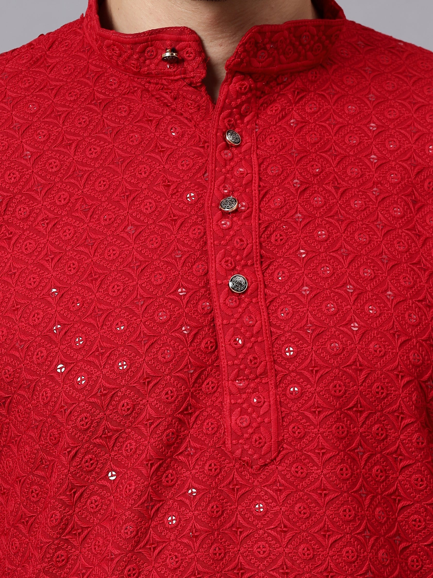 VORA LABEL Men Rayon Schiffli Chikankari Embroidered Long Kurta Set - Red Secondary image
