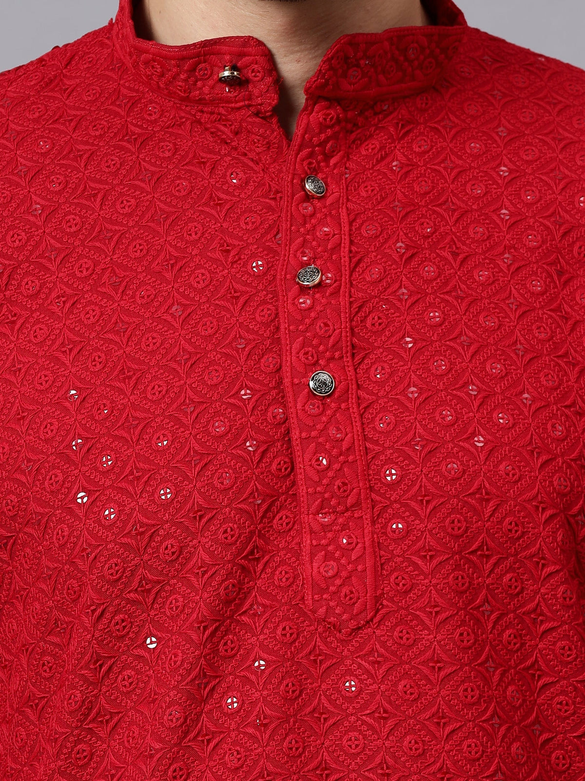 VORA LABEL Men Rayon Schiffli Chikankari Embroidered Long Kurta Set - Red