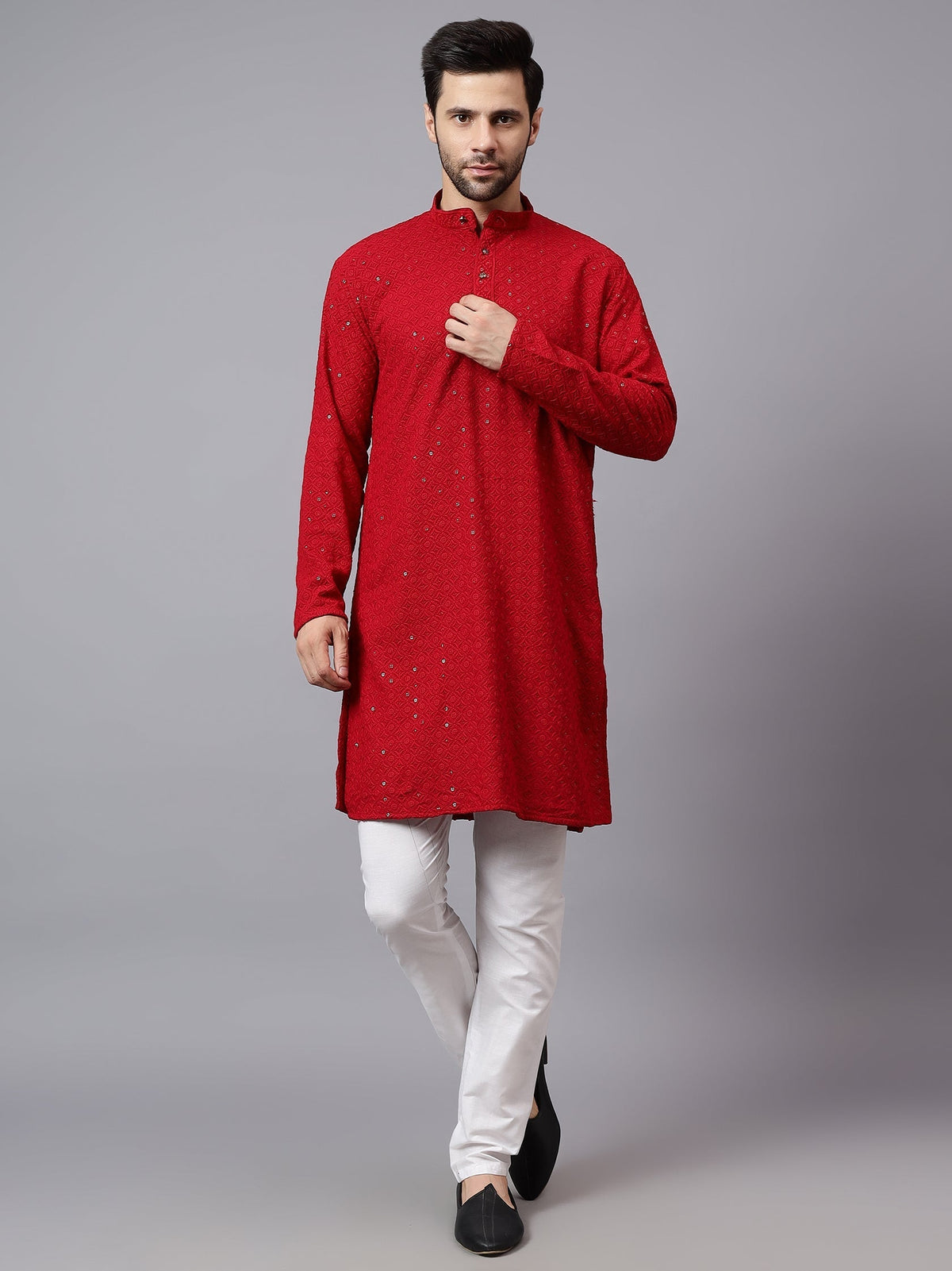 VORA LABEL Men Rayon Schiffli Chikankari Embroidered Long Kurta Set - Red Main image